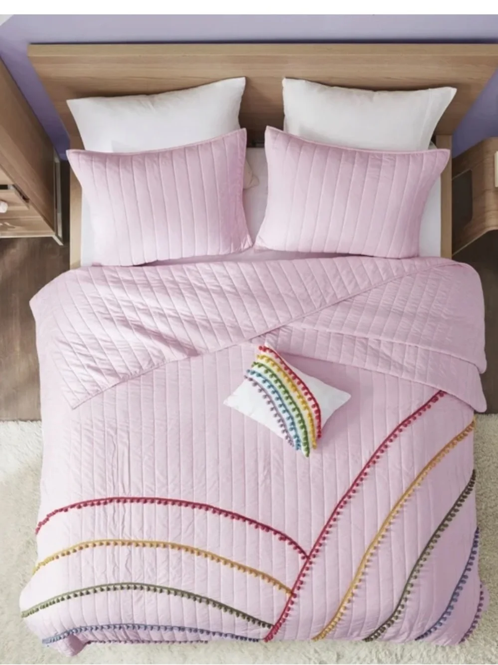 Pink Rainbow Pom Pom 4 Piece Coverlet Set